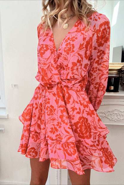 Red Floral Print Wrap V Neck Long Sleeve Boho Dress