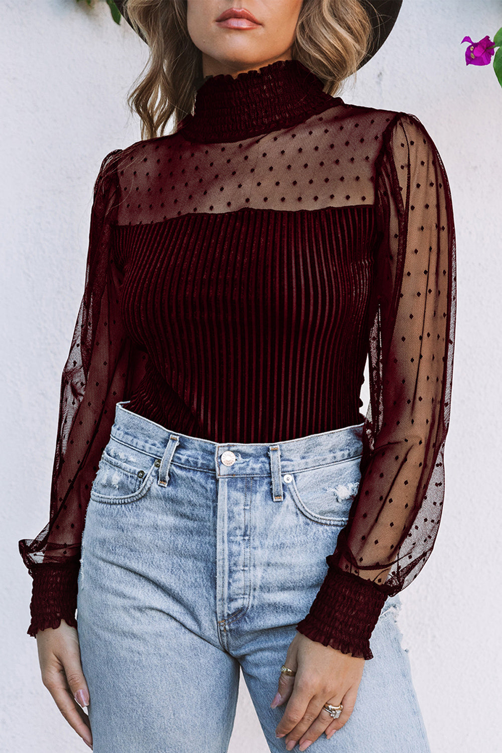 Red Sexy Sheer Dotty Puff Sleeve Ribbed Velvet Bodysuit