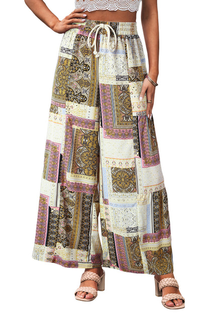 Yellow Boho Ethnic Print Drawstring Wide Leg Pants