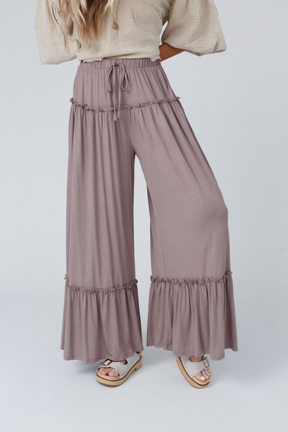 Khaki Frill Detail Drawstring High Waist Wide Leg Pants