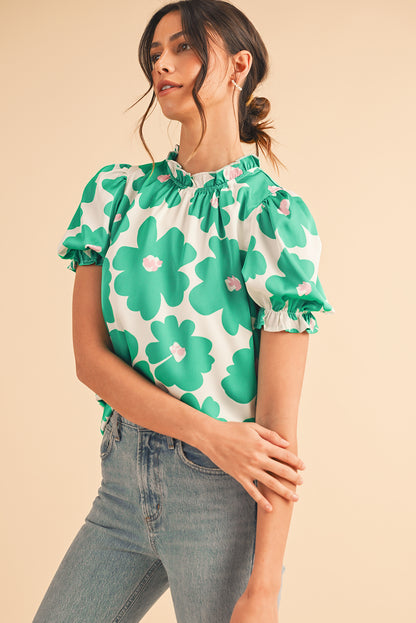 Rose Floral Puff Sleeve Frill Neckline Blouse