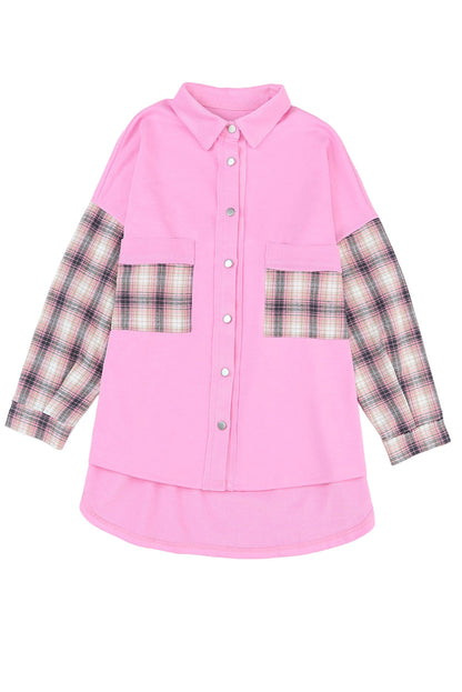 Rose Plaid Patchwork Chest Pockets Oversized Shirt Shacket