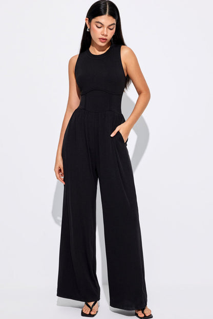 Blackish Green Sleeveless High Waist Wide Leg Jumpsuit