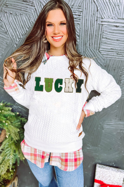 White Lucky Letter Patch Quilted Sweatshirt