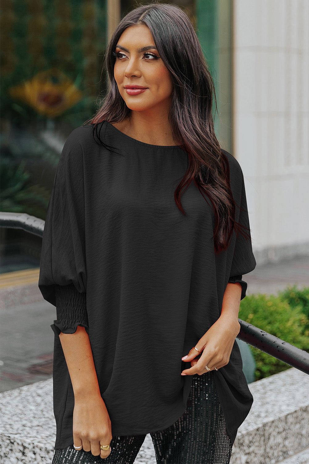 Black Plain Batwing Sleeve Business Casual Blouse for Women