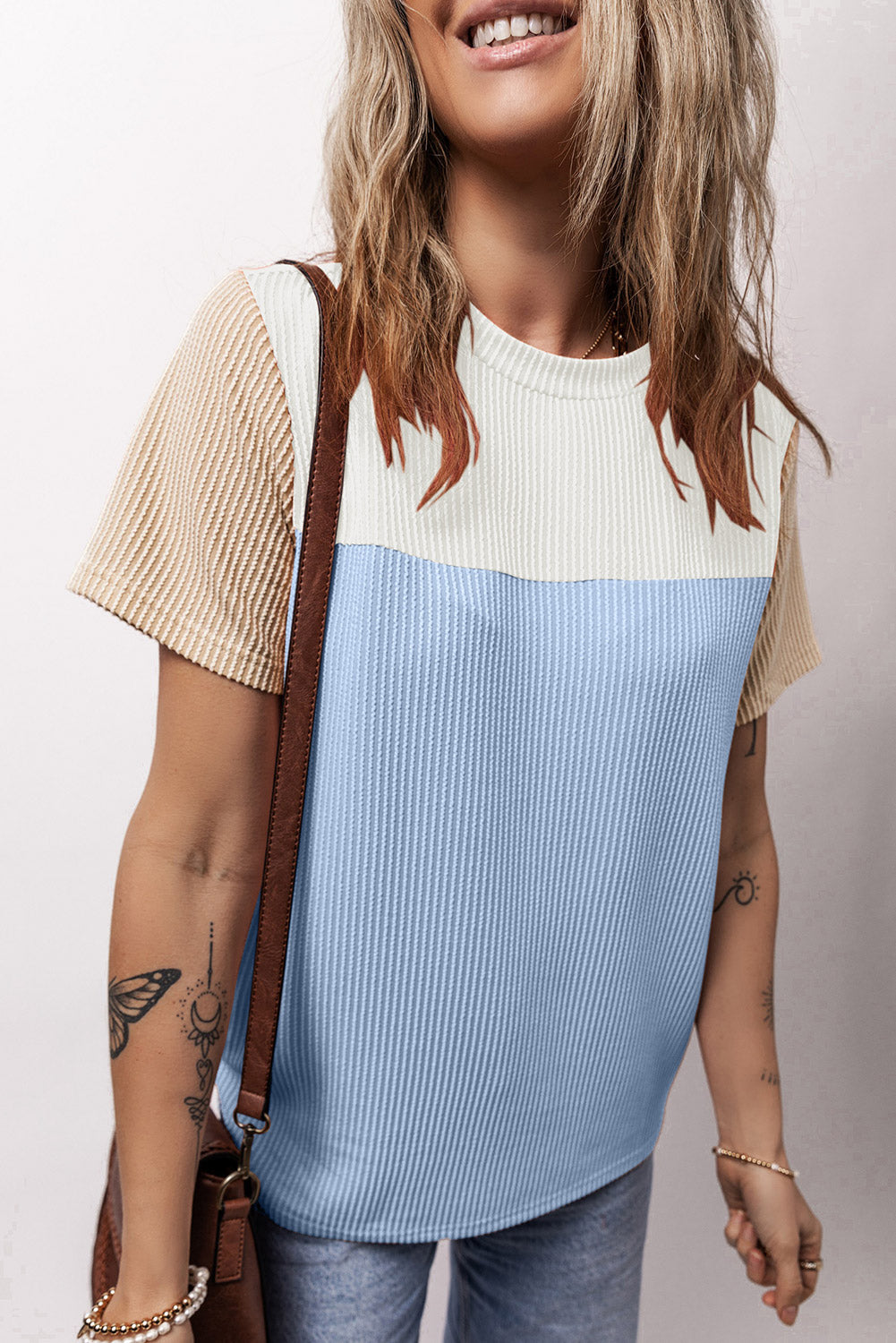 Light Blue Rib Textured Colorblock Round Neck T Shirt