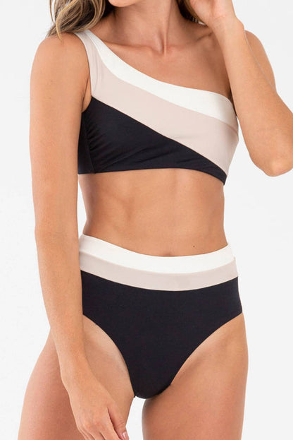 Black Triple Tones Colorblock One Shoulder High Waist Bikini