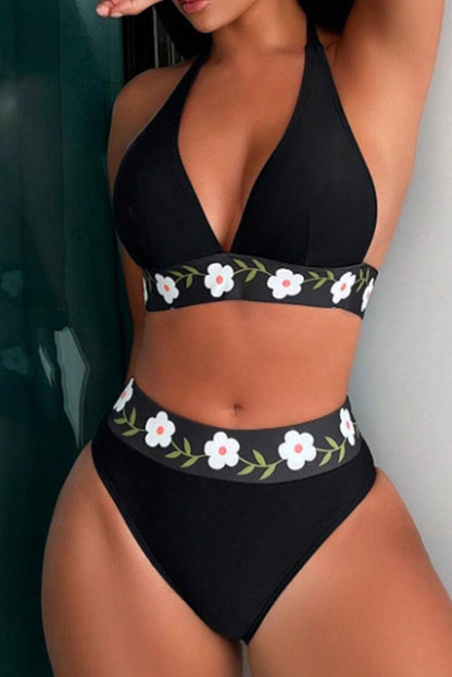 Black Floral Banded Halter Bikini Swimsuit