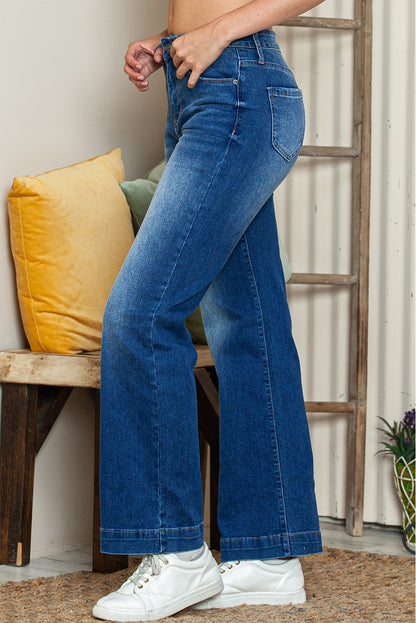 Dark Blue Casual Pocket High Rise Wide Leg Jeans