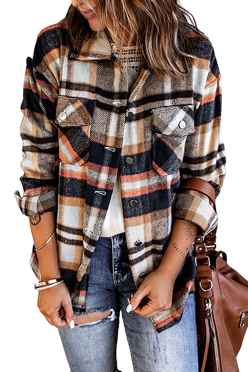 Wholesale Brown Plaid Button Up Long Sleeve Flannel Shacket