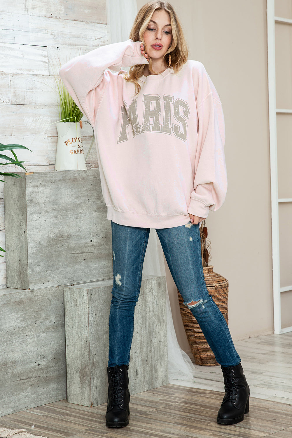 Pink PARIS Letter Print Drop Shoulder Oversized Sweatshirt