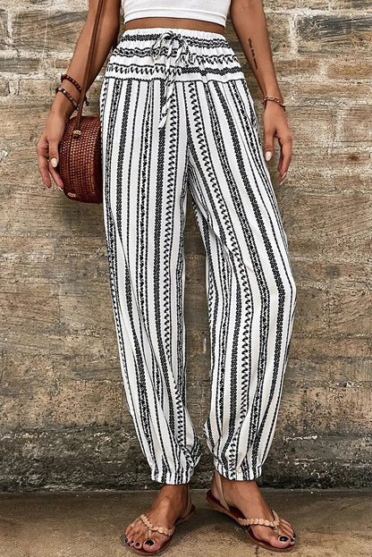 Black Stripe Geometric Print Drawstring Cuff Pants