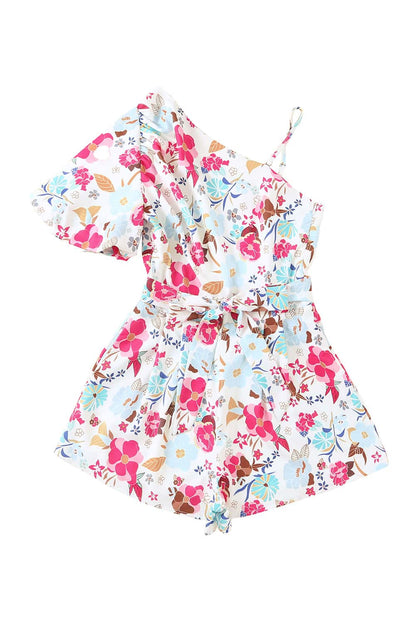 White Floral Single Bubble Sleeve Slant Shoulder Belted Romper