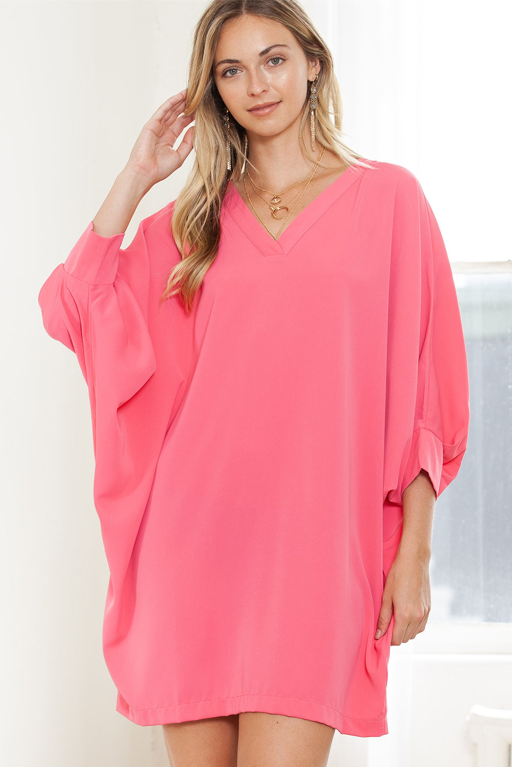 Strawberry Pink Solid Color V Neck 3/4 Sleeve Dress