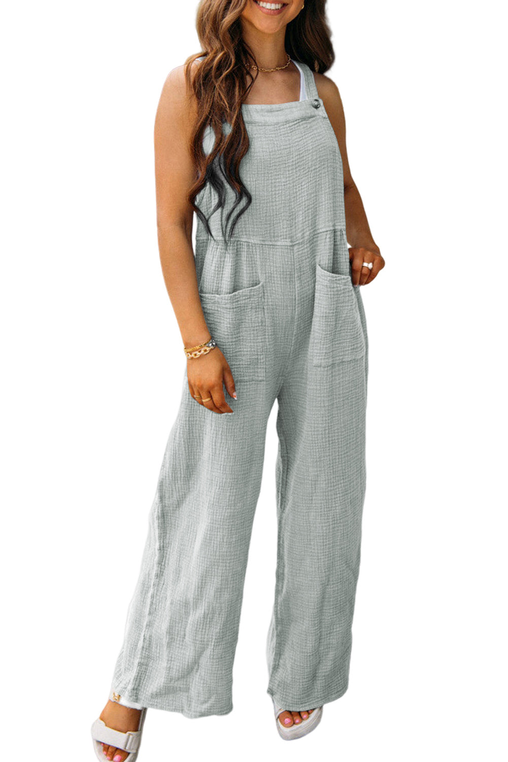 Gray Textured Wide Leg Overall with Pockets