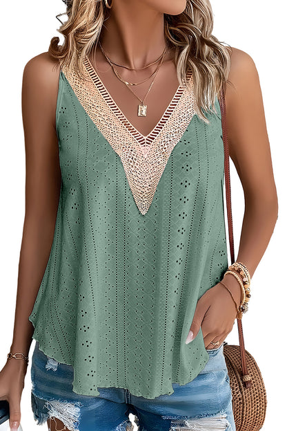 White Lace Crochet Splicing Eyelet V Neck Tank Top