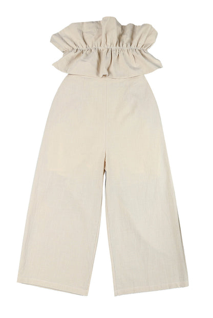 Beige Elegant Ruffled Strapless Wide Leg Jumpsuit