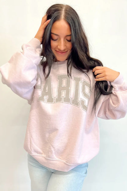 Pink PARIS Letter Print Drop Shoulder Oversized Sweatshirt