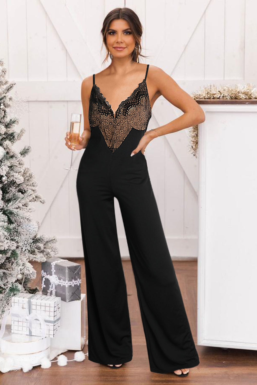 Black Lace Splicing V Neck Bodice Wide Leg Jumpsuit