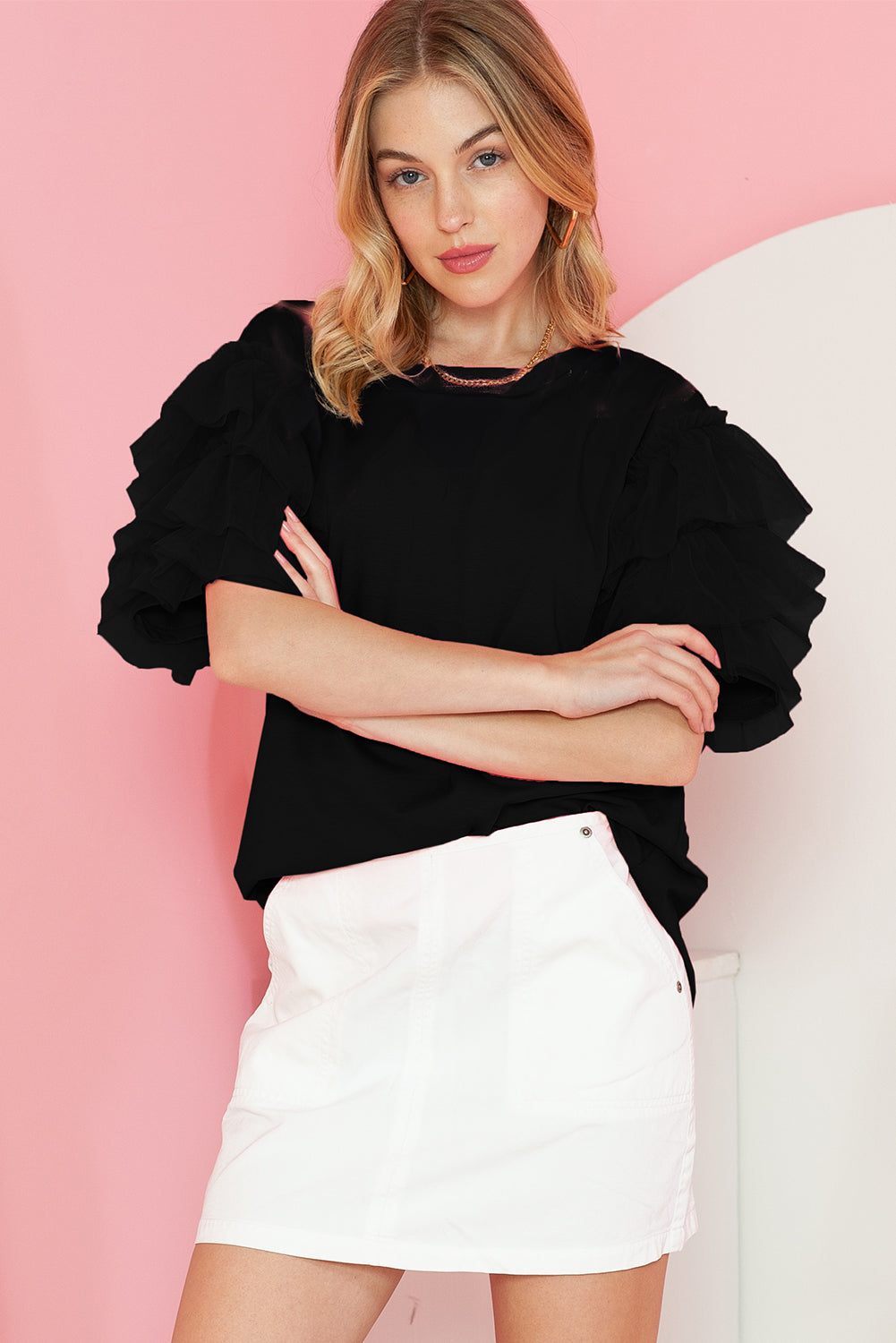 Black Plain Tulle Round Neck Ruffle Sleeve Blouse