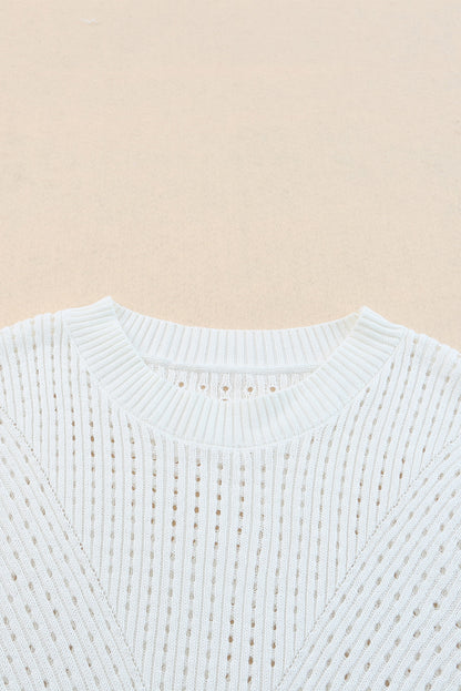 White Hollow Out Crewneck Short Sleeve Knitted Top