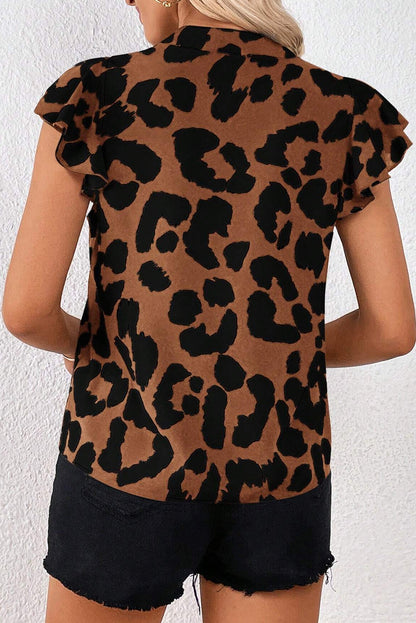 Brown Leopard Print Split Neck Ruffle Flutter Sleeve Blouse