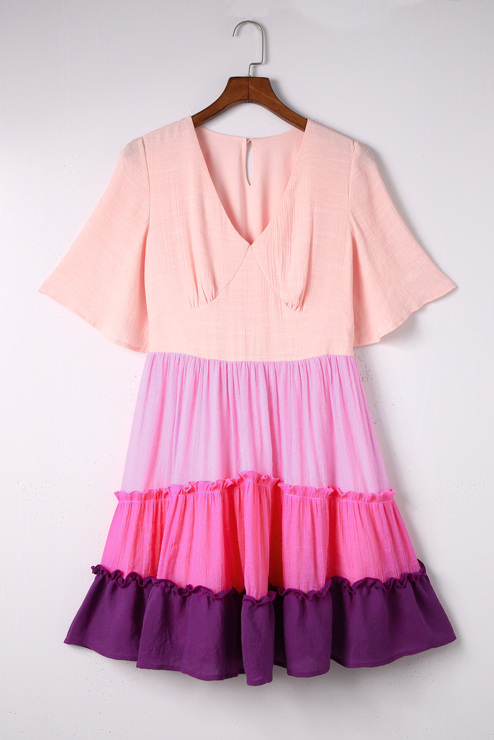 Pink Ombre Colorblock V Neck Tiered Short Dress