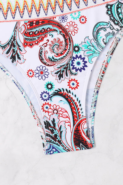 White Boho Paisley Contrast Trimmed One Shoulder Bikini