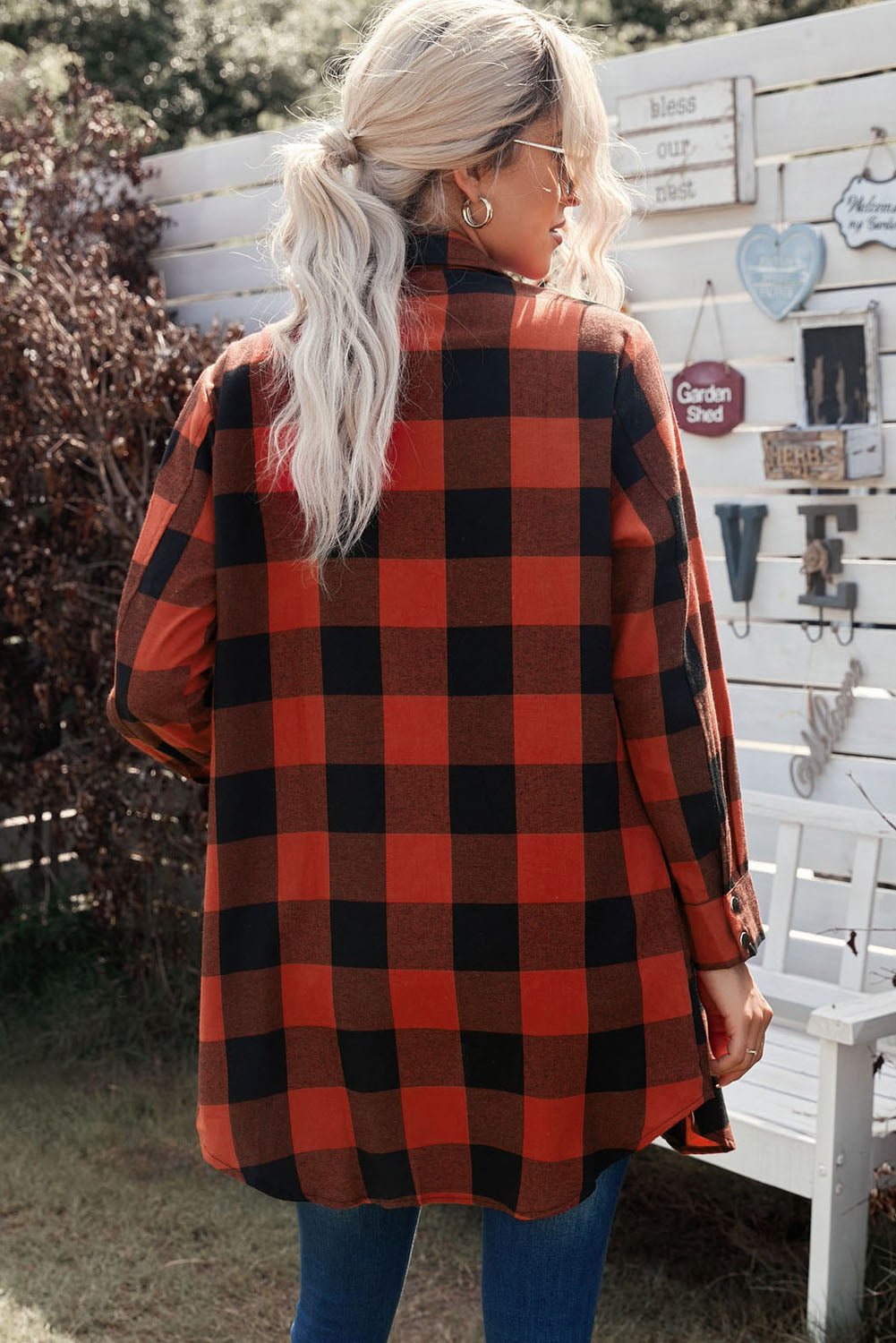 Red Plaid Collared Button Down Long Shirt Shacket