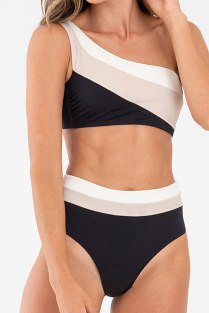 Black Triple Tones Colorblock One Shoulder High Waist Bikini