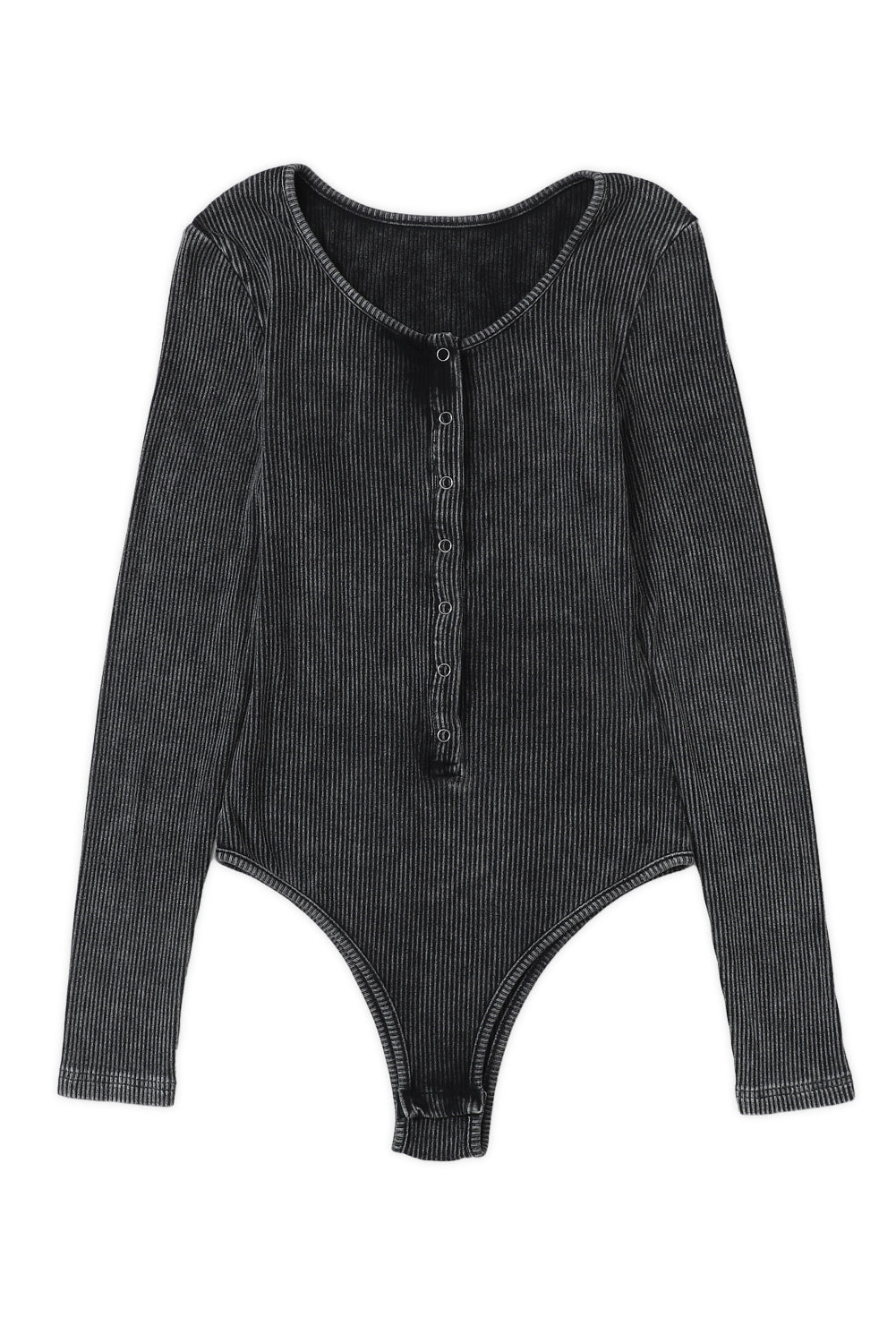 Black Vintage Washed Ribbed Snap Button Long Sleeve Bodysuit