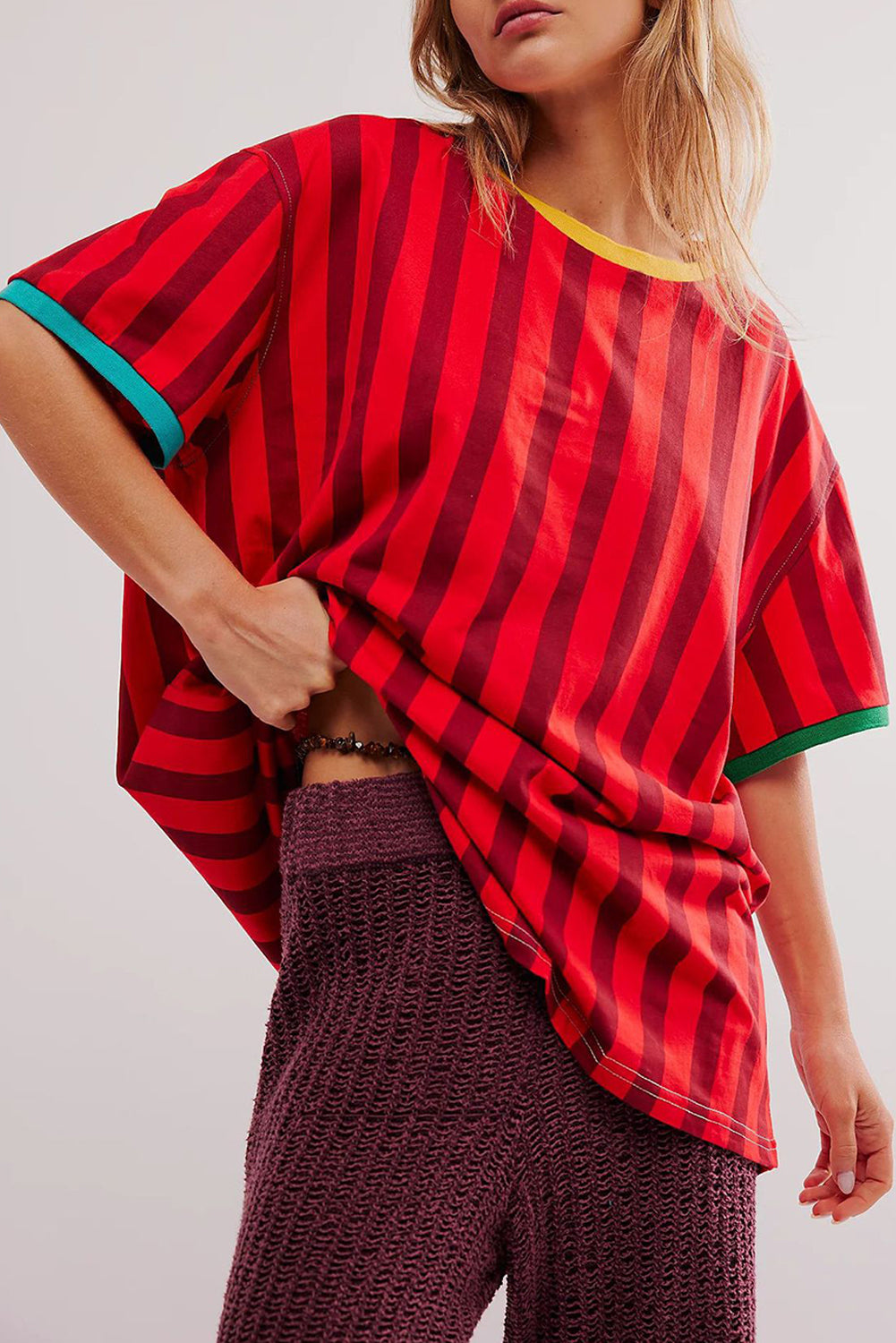 Red Striped Clashing Colours Casual Loose T Shirt