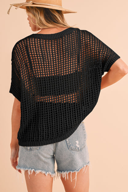 Apricot Fishnet Knit Ribbed Round Neck Short Sleeve Tee