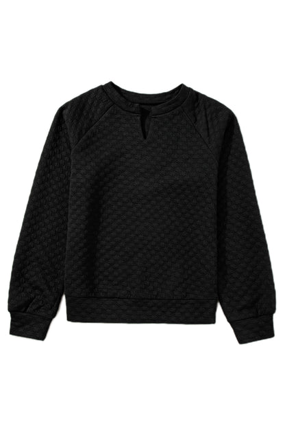 Black Quilted V-Neck Solid Color Long Sleeve Top