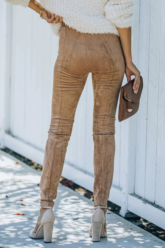 Khaki Mid Rise Faux Suede Skinny Leggings