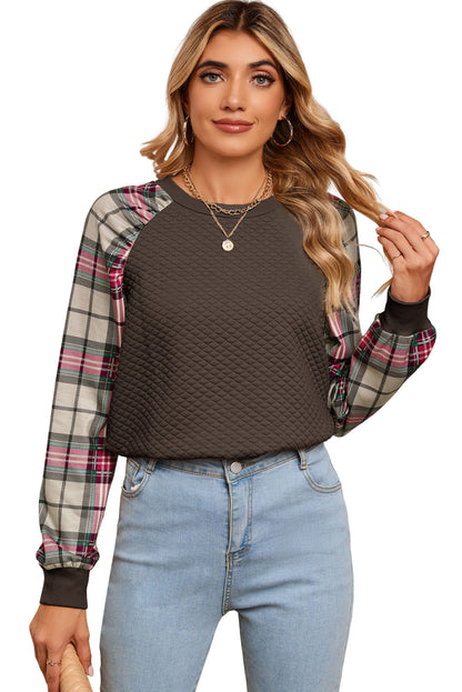 Brown Plaid Print Waffle Quilted Raglan Sleeve Sweatshirt