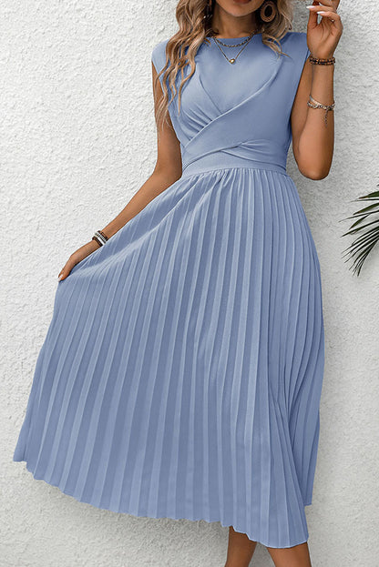 Sky Blue Solid Color Criss Cross Pleated Sleeveless Midi Dress