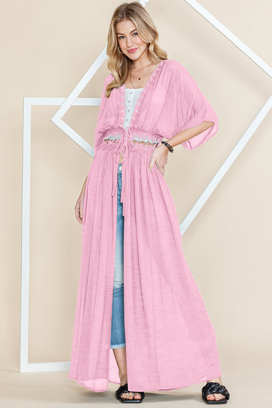 Light Pink Lace Splicing Open Front Maxi Kimono