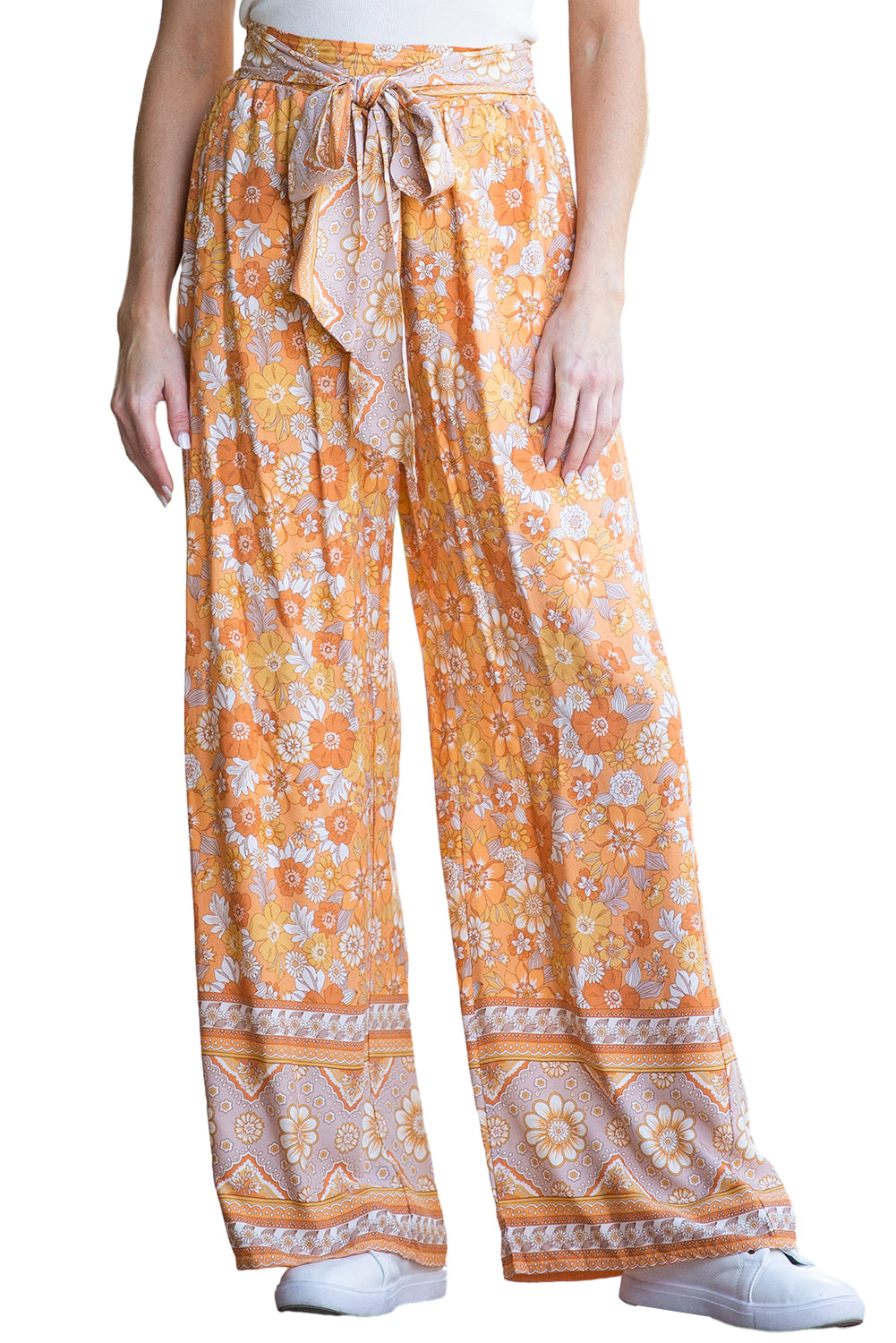 Grapefruit Orange Tie Waist Boho Floral Wide Leg Pants