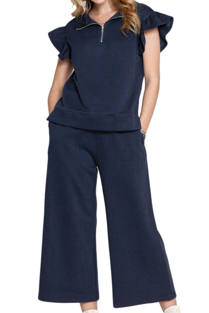 Navy Blue Textured Ruffle Cap Sleeve Top And Wide Leg Pants Set