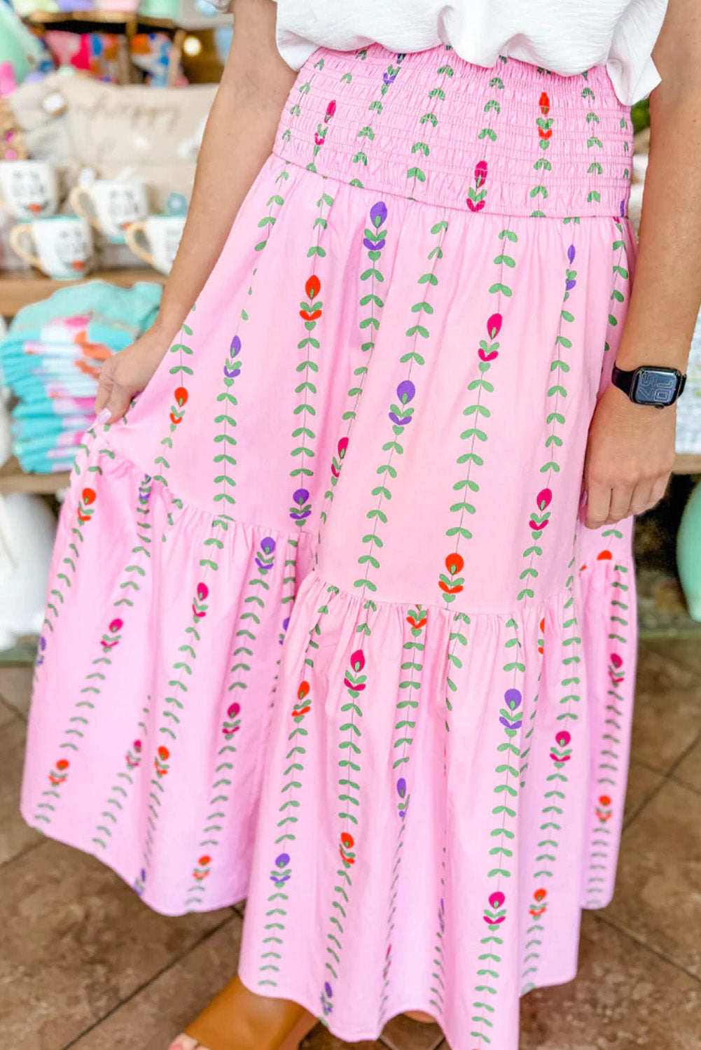 Pink Smocked Waist Tiered Maxi Skirt