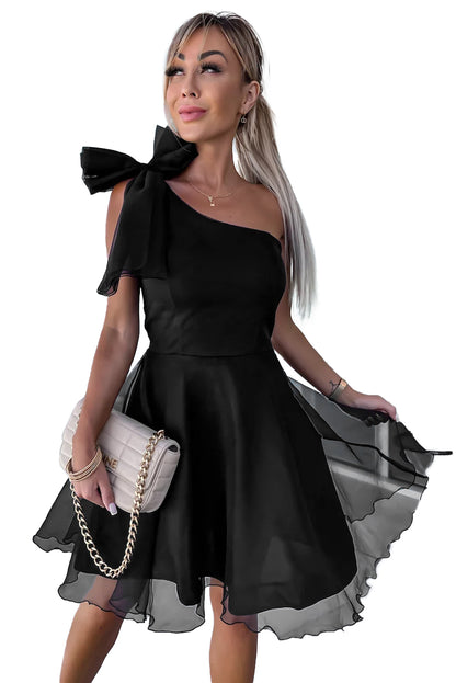 Black Bowtie One Shoulder Tulle Overlay Skater Dress