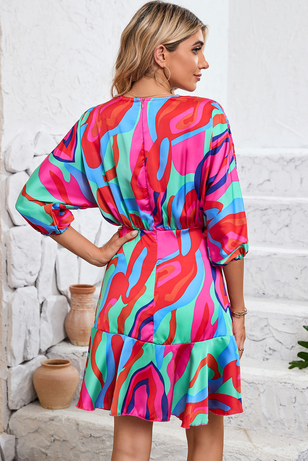 Wholesale Multicolor Abstract Printed V Neck Dolman Sleeve Ruffle Wrap Dress