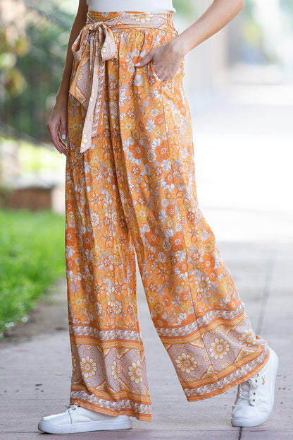 Grapefruit Orange Tie Waist Boho Floral Wide Leg Pants