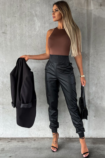 Brown Solid Color Crew Neck Plain Sleeveless Bodysuit