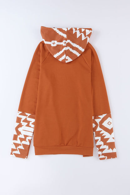 Brown Geometric Pattern Pullover Hoodie with Pockets