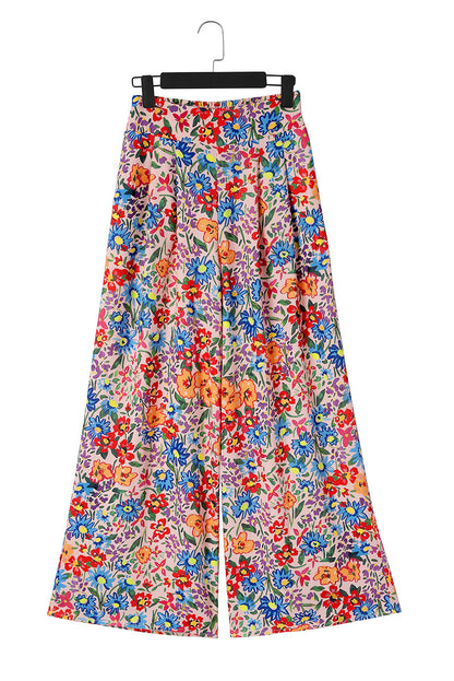 Multicolor Floral Print Pocketed Wide Leg Oversized Pants