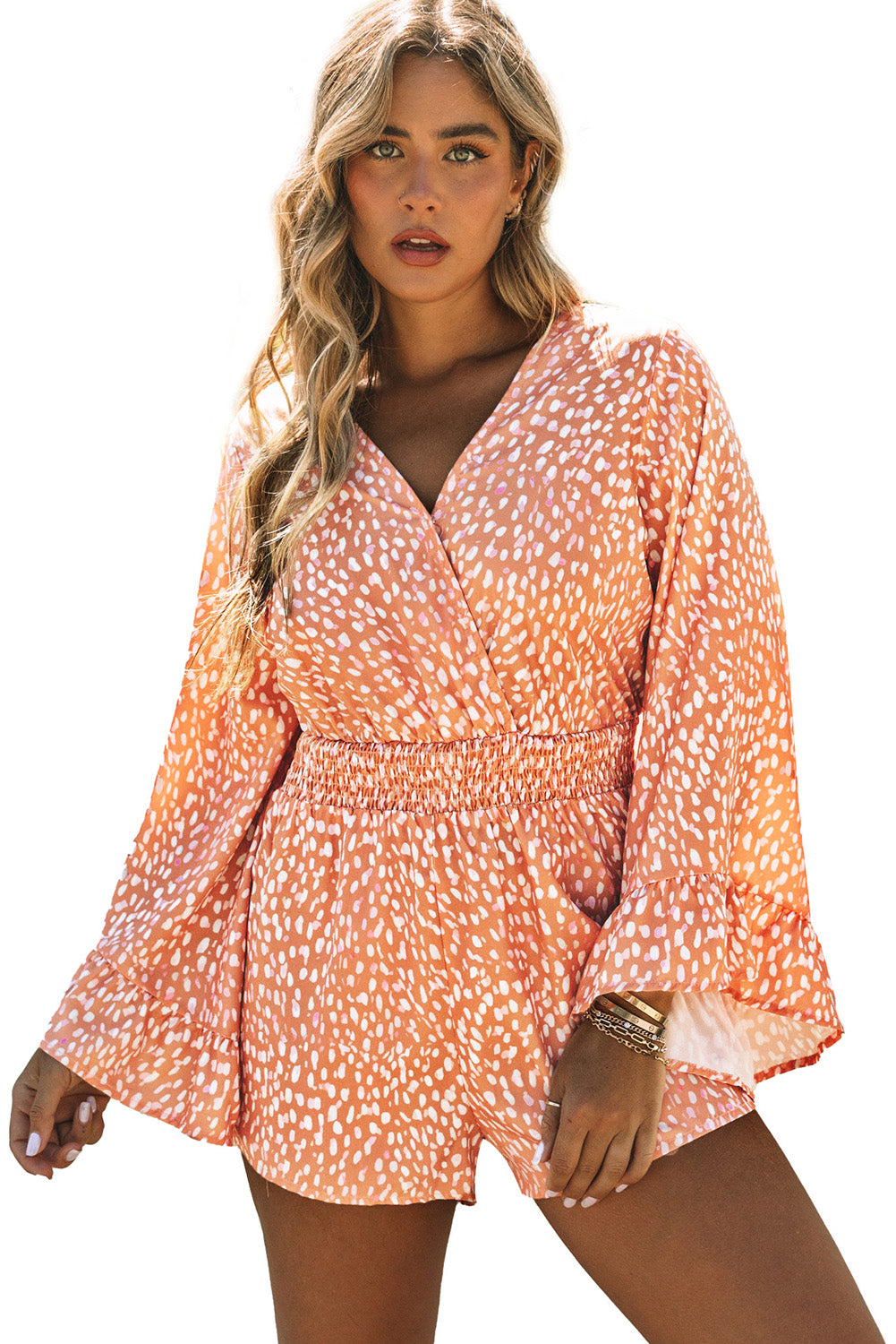 Orange Animal Spotted Print V Neck Flounce Sleeve Romper