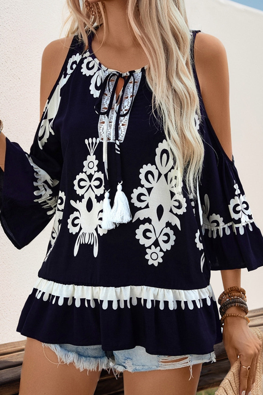 Blue Random Abstract Print Cold Shoulder Tassel Tie Front Boho Blouse