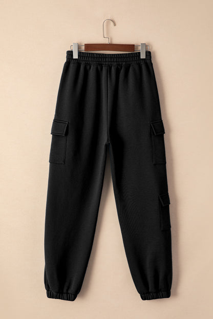 Black Solid Multi Pockets Elastic High Waist Pants